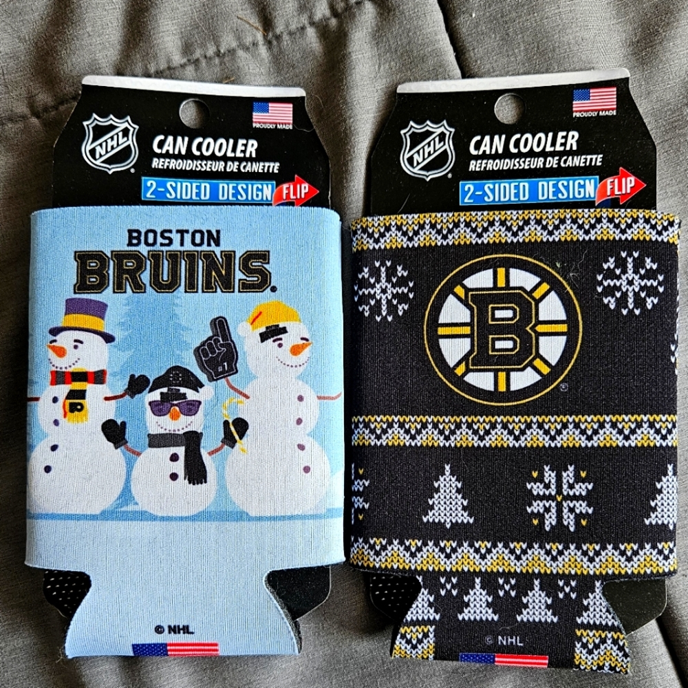 Boston Bruins set of 2 NHL Can Cooler NWT ugly sweater snowman hockey koozie